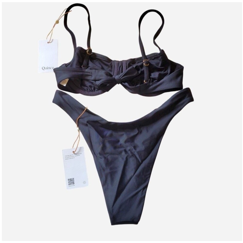 Quince Italian Demi Bikini Top & High Leg Ring Bottom Set Size S Black Beach - Picture 2 of 5